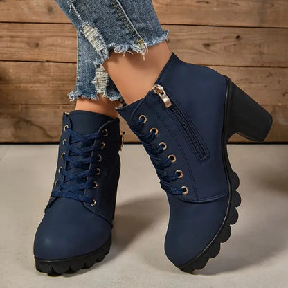 Botas antideslizantes con cordones para Mujer, zapatos De tacón alto, moda al aire libre, alta calidad, Otoño e Invierno