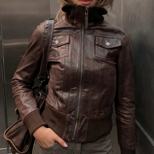 Chaqueta de cuero Pu estilo Safari con bolsillos ajustados, abrigos de manga larga con cremallera y cuello alto para mujer, ropa de calle Y2K para Otoño e Invierno 2025