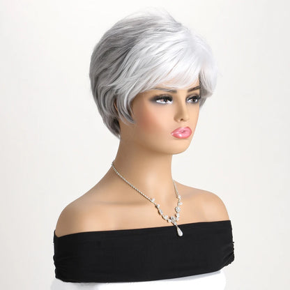 Pelucas naturales cortas con flequillo, pelo suave para mamá, uso diario, pelo sintético rizado corto gris ombré, peluca de fiesta para disfraz para mujer