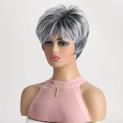 Pelucas naturales cortas con flequillo, pelo suave para mamá, uso diario, pelo sintético rizado corto gris ombré, peluca de fiesta para disfraz para mujer