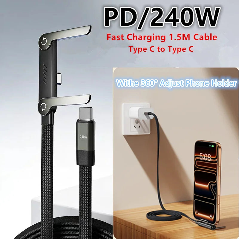 Cable de Datos Plegable con Carga Rápida PD de 240W y Soporte para Teléfono, 1.5m, Tipo C, para iPhone 17 16 15, Macbook, Samsung, Xiaomi, OPPO