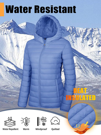 TACVASEN Chaqueta acolchada con capucha y cremallera completa para mujer, abrigos cálidos acolchados de invierno, cortavientos informal, prendas de vestir ligeras acolchadas para exteriores