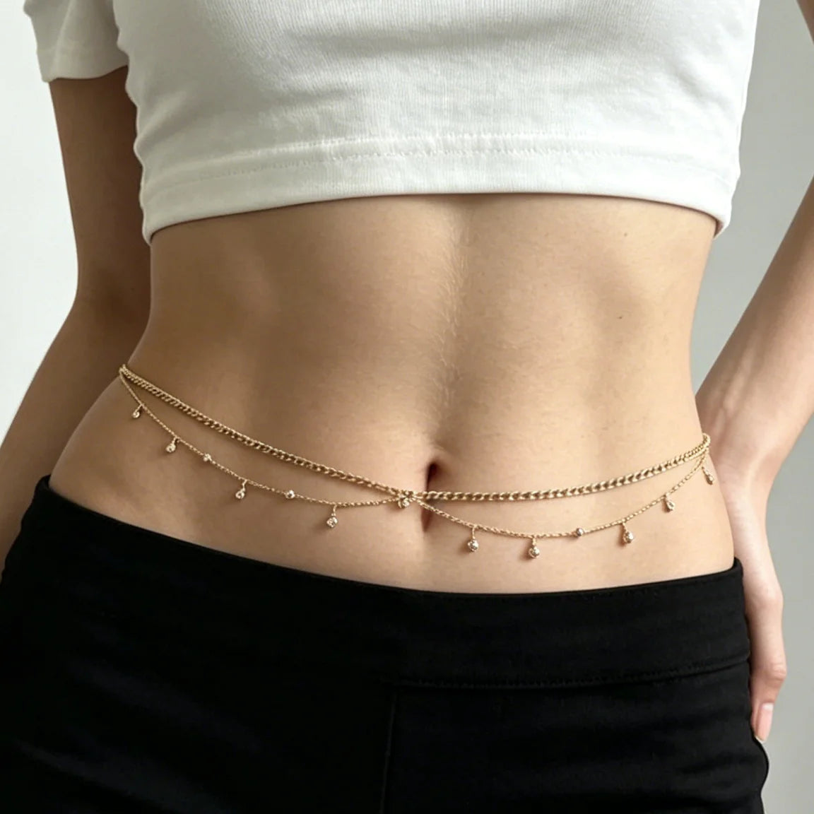 Cadena de Cintura de Doble Capa con Pedrería para Mujer, Diseño Elegante para Vacaciones en la Playa y Fiestas