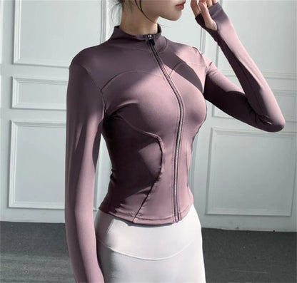 Chaqueta deportiva con cremallera para mujer, Top ajustado de manga larga para correr y Fitness, abrigo liso de secado rápido para Yoga, ropa informal sencilla