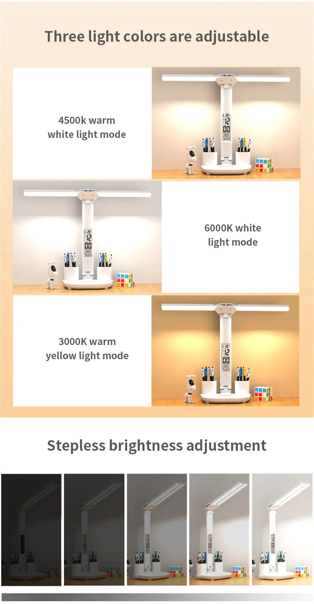 Lámpara de escritorio LED, lámpara de mesa plegable táctil regulable por USB con calendario, reloj de temperatura, luz nocturna para estudio, lámpara de lectura