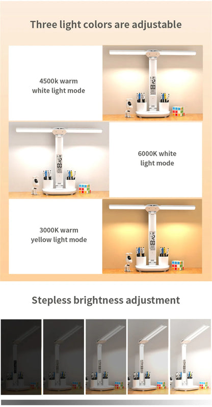 Lámpara de escritorio LED, lámpara de mesa plegable táctil regulable por USB con calendario, reloj de temperatura, luz nocturna para estudio, lámpara de lectura