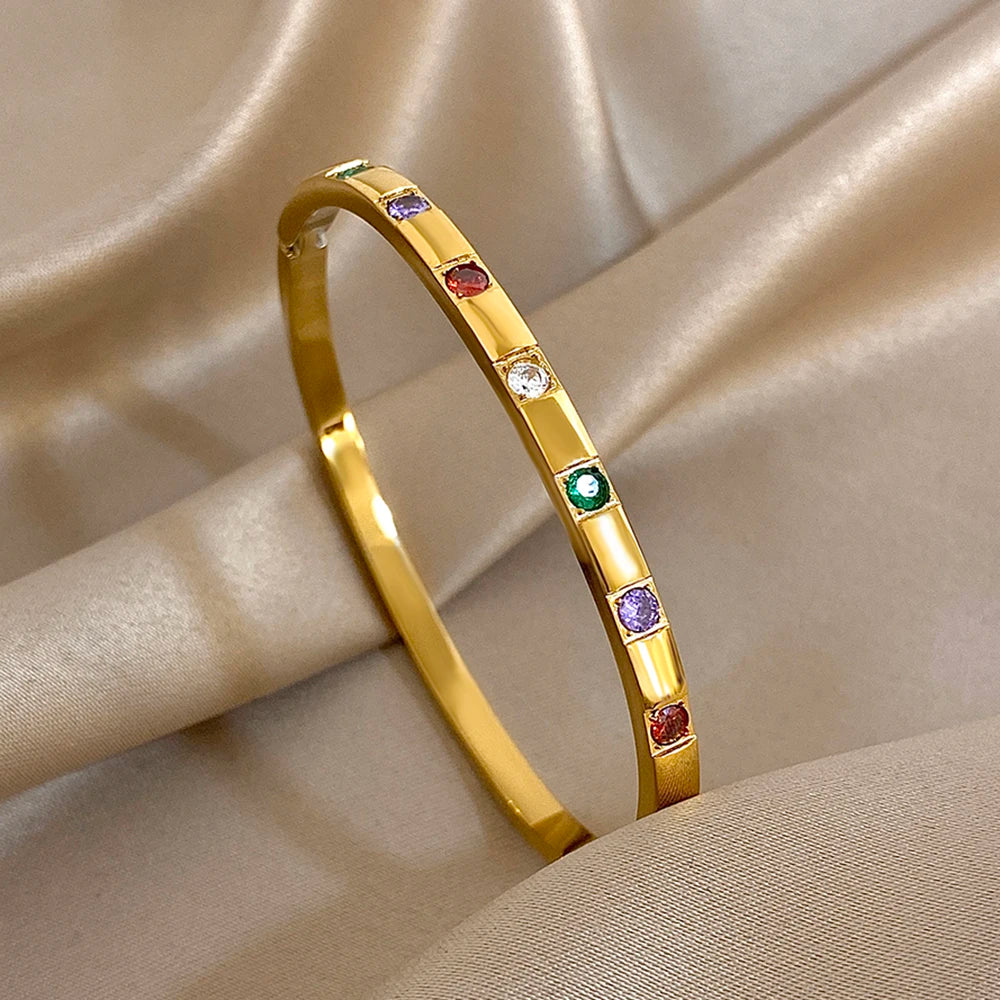 Nueva pulsera chapada en oro de acero inoxidable con incrustaciones de diamantes de imitación coloridos, lujosas brazaletes abiertos, pulseras para mujeres y hombres, joyería