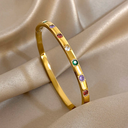 Nueva pulsera chapada en oro de acero inoxidable con incrustaciones de diamantes de imitación coloridos, lujosas brazaletes abiertos, pulseras para mujeres y hombres, joyería