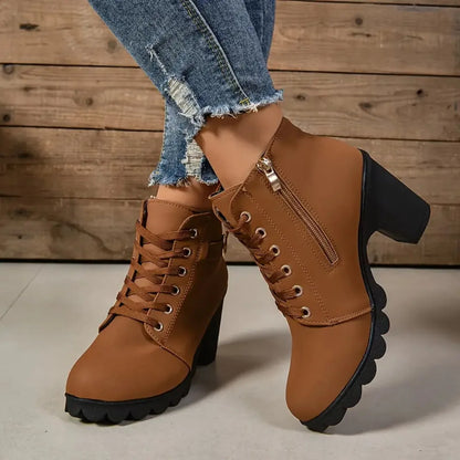 Botas antideslizantes con cordones para Mujer, zapatos De tacón alto, moda al aire libre, alta calidad, Otoño e Invierno