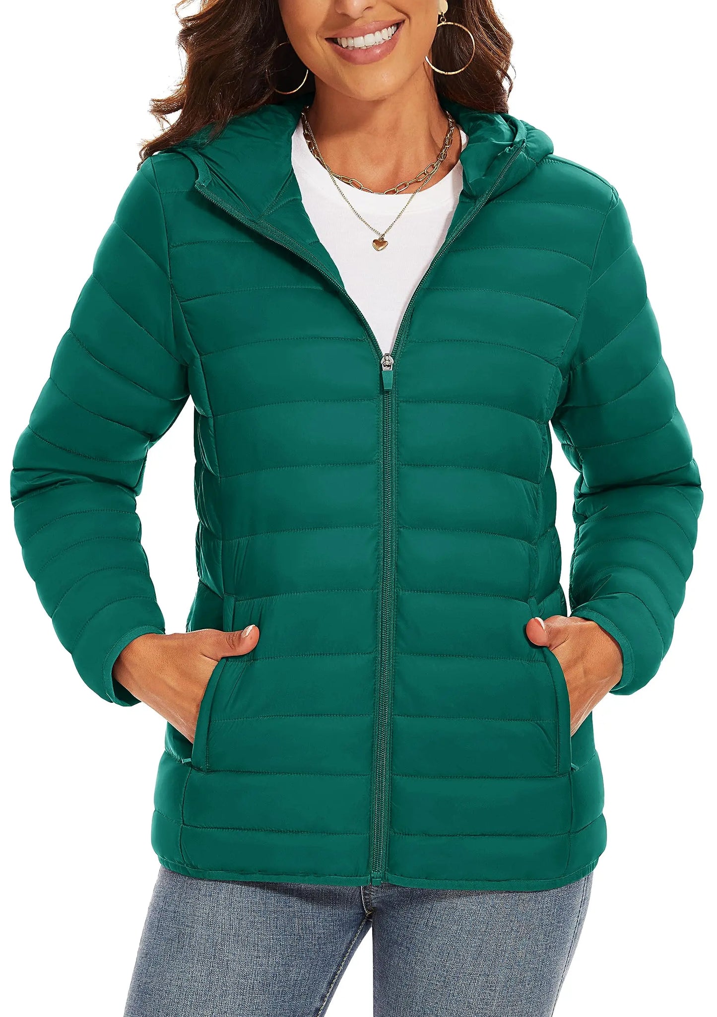 TACVASEN Chaqueta acolchada con capucha y cremallera completa para mujer, abrigos cálidos acolchados de invierno, cortavientos informal, prendas de vestir ligeras acolchadas para exteriores