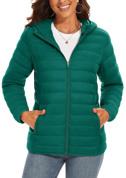 TACVASEN Chaqueta acolchada con capucha y cremallera completa para mujer, abrigos cálidos acolchados de invierno, cortavientos informal, prendas de vestir ligeras acolchadas para exteriores