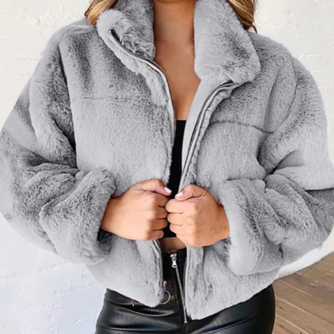 Chaqueta cálida de invierno para mujer, cárdigan con cremallera, piel sintética, moda, manga larga, cuello levantado, abrigo de felpa para mujer