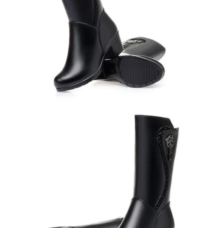 Botas de invierno para Mujer, Botas de nieve cálidas de felpa, Botas de tacón alto a media pantorrilla a la moda para Mujer, Botas de cuero de alta calidad para Mujer