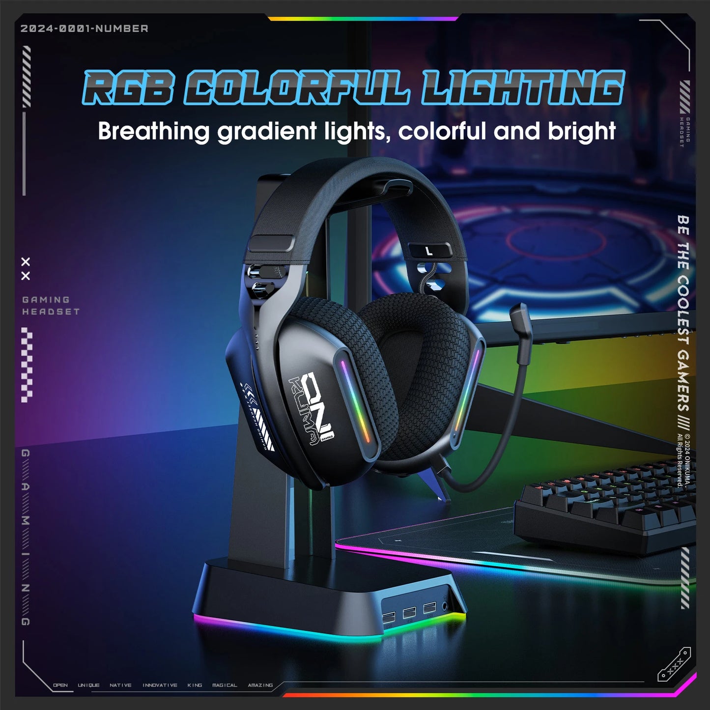 Onikuma Gt808 Tres modos con micrófono E-Sports Auriculares inalámbricos para juegos Iluminación Rgb Compatible con Bluetooth 5.3 / 2.4g / Aux 3,5 mm