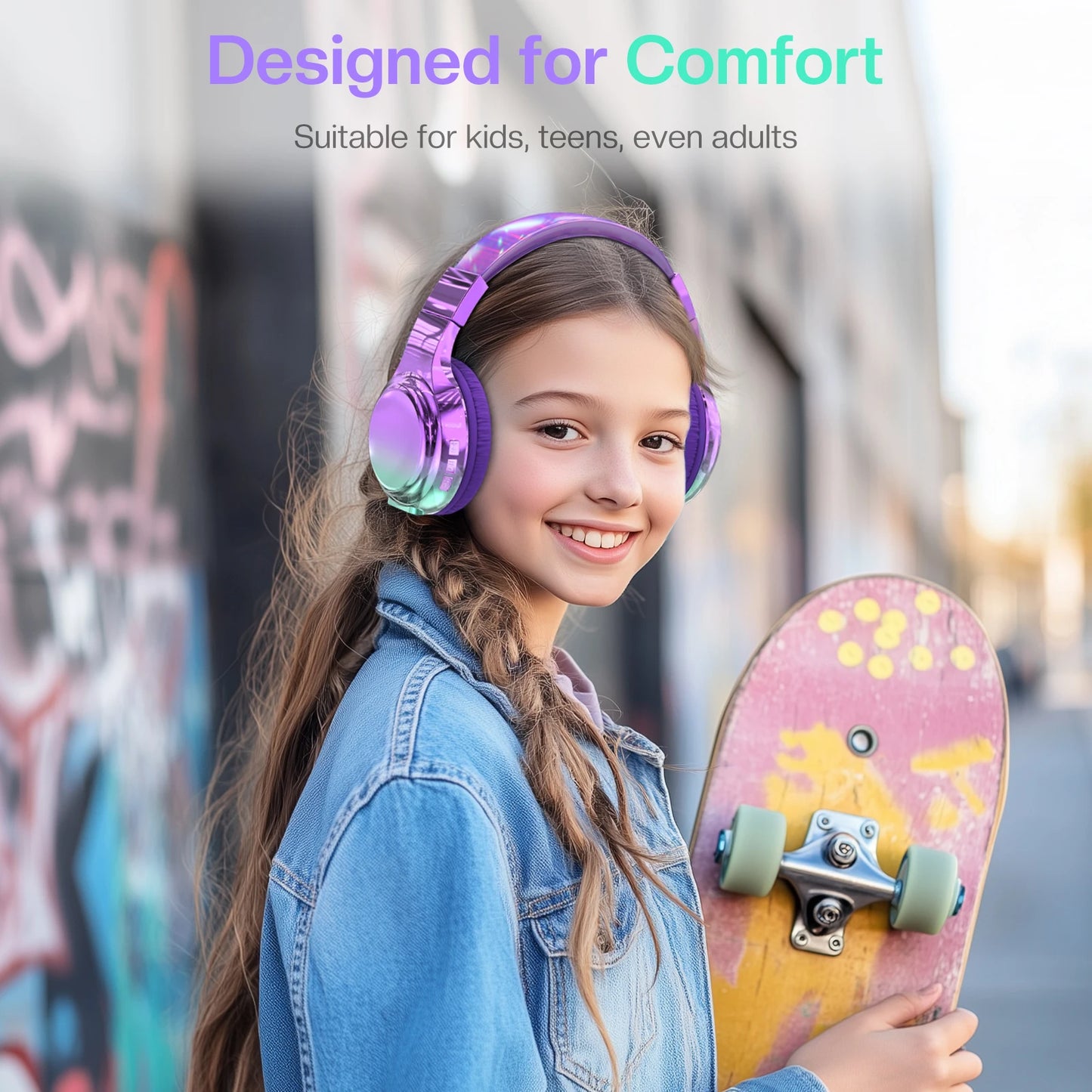 Kids Gradient Bluetooth Headphones, Wireless Over-Ear Headsets for Girls with Mic, Foldable Lightweight Headphones for School Travel