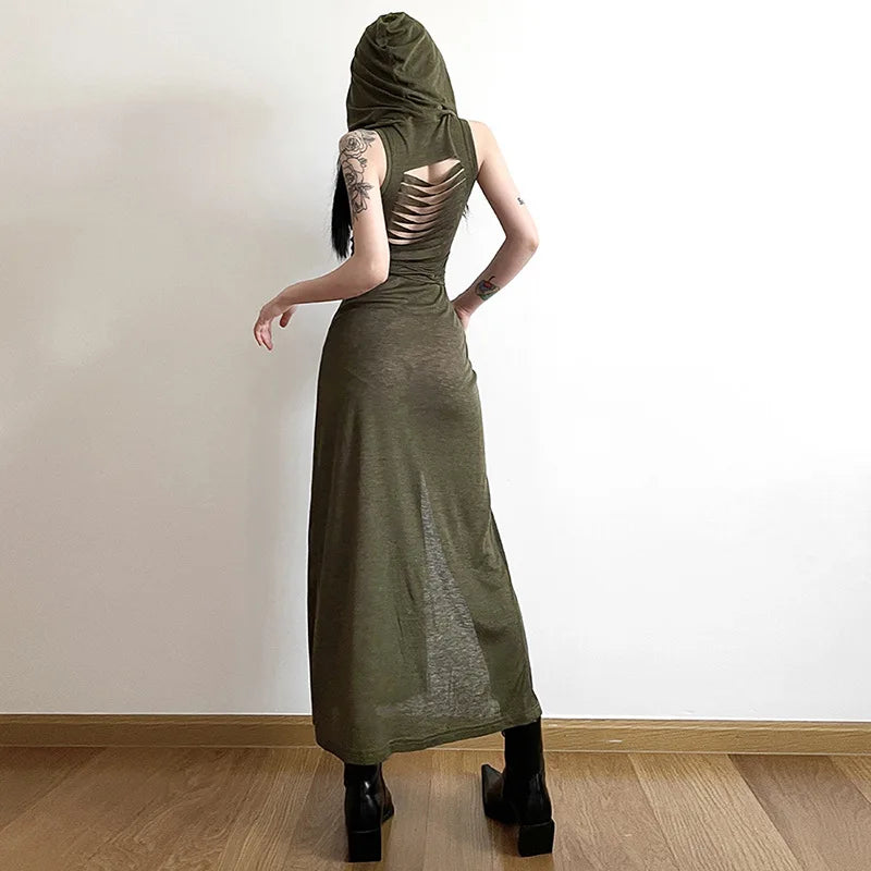 Verano Sexy estilo europeo y americano sin mangas vestido con capucha largo dividido ahueca hacia fuera el vestido de las mujeres de Color puro