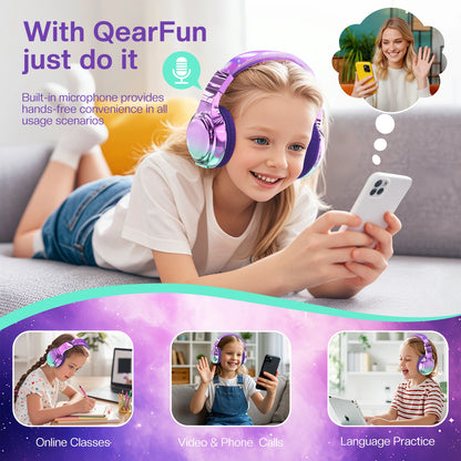Kids Gradient Bluetooth Headphones, Wireless Over-Ear Headsets for Girls with Mic, Foldable Lightweight Headphones for School Travel