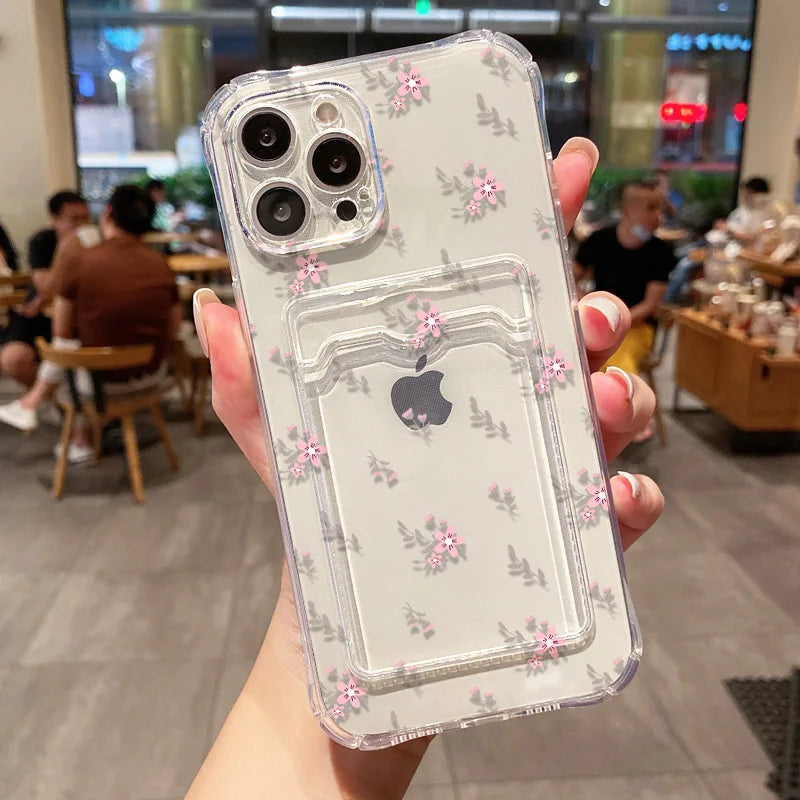 Soft Card Holder Phone Case for iPhone 13, 11, 16e, 15, 12, 14, 17, 16 Pro Max, 7 Plus, XR SE, Clear Aesthetic Flower Cover