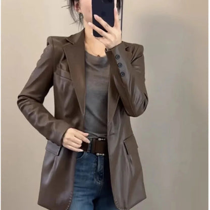 Chaqueta de cuero negro de gama alta para mujer, chaqueta de traje de cuero PU ajustada a la moda para primavera y otoño, ropa de motocicleta 2026