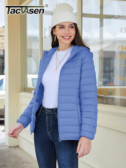TACVASEN Chaqueta acolchada con capucha y cremallera completa para mujer, abrigos cálidos acolchados de invierno, cortavientos informal, prendas de vestir ligeras acolchadas para exteriores
