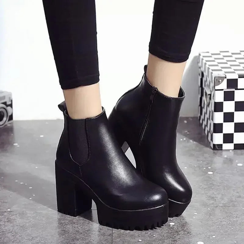 Botas de tacón cuadrado para Mujer, Zapatos con plataforma, de cuero PU, hasta el muslo, para motocicleta