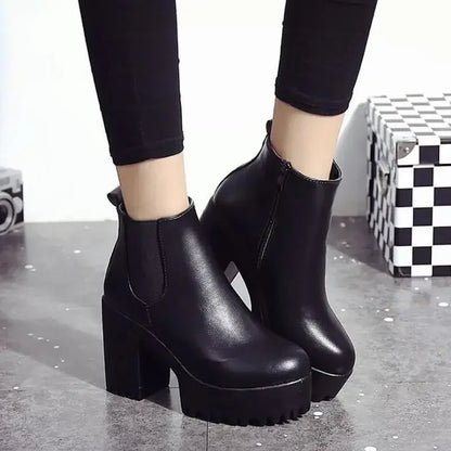 Botas de tacón cuadrado para Mujer, Zapatos con plataforma, de cuero PU, hasta el muslo, para motocicleta