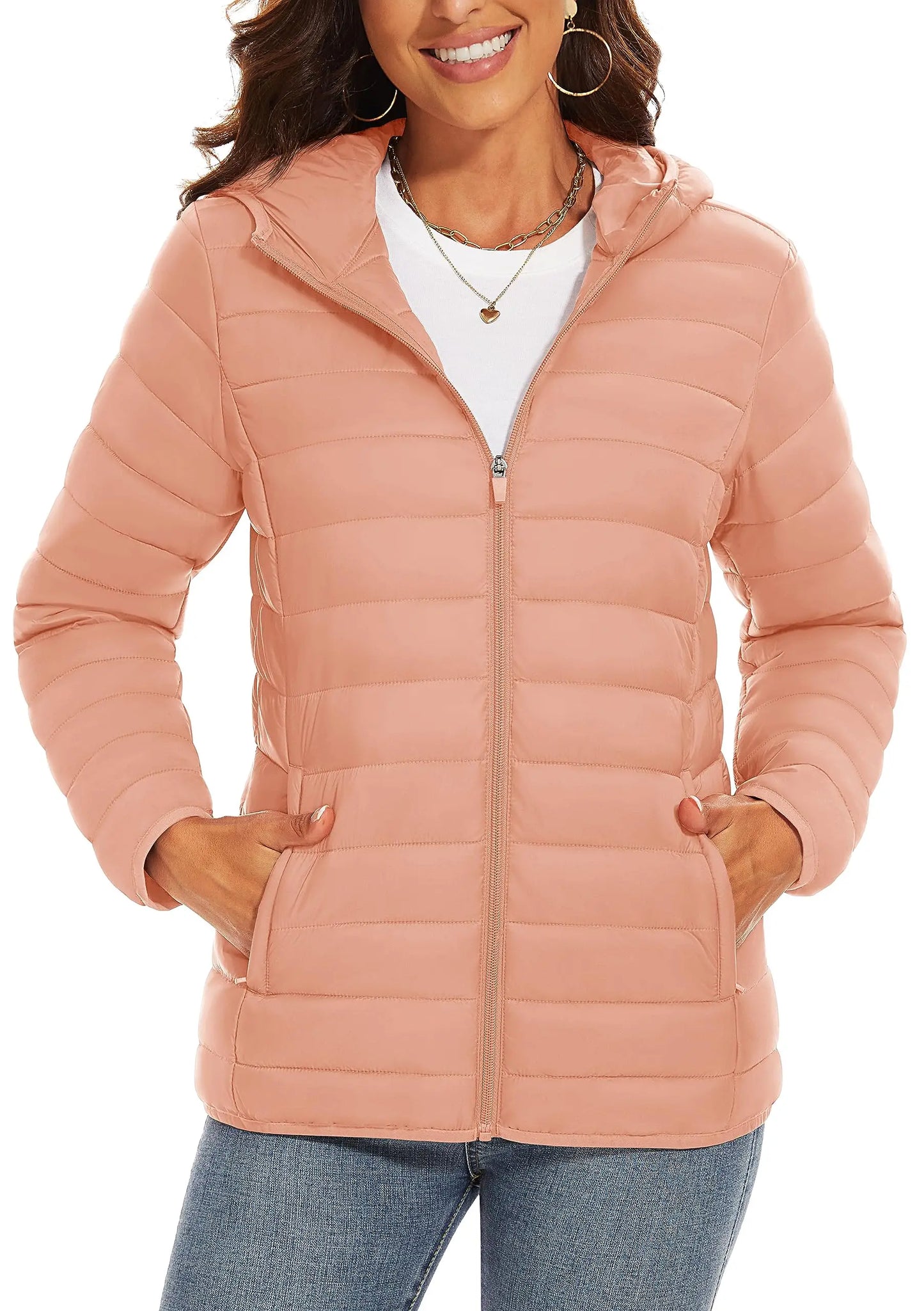 TACVASEN Chaqueta acolchada con capucha y cremallera completa para mujer, abrigos cálidos acolchados de invierno, cortavientos informal, prendas de vestir ligeras acolchadas para exteriores