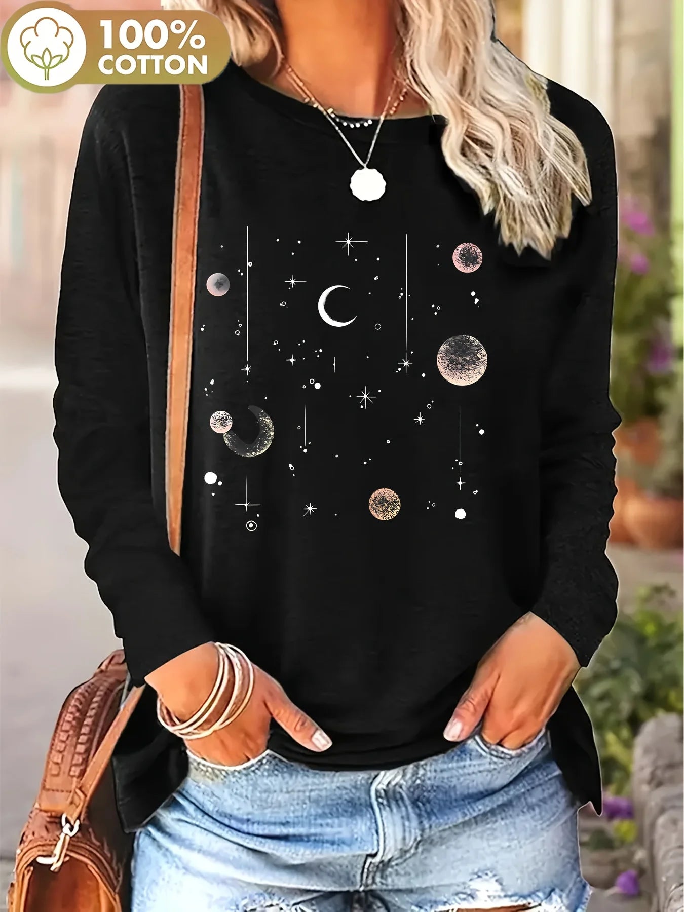 Camiseta informal de algodón de manga larga con estampado de Luna y estrellas, Top de cuello redondo para estilo callejero, camiseta estética de gran tamaño