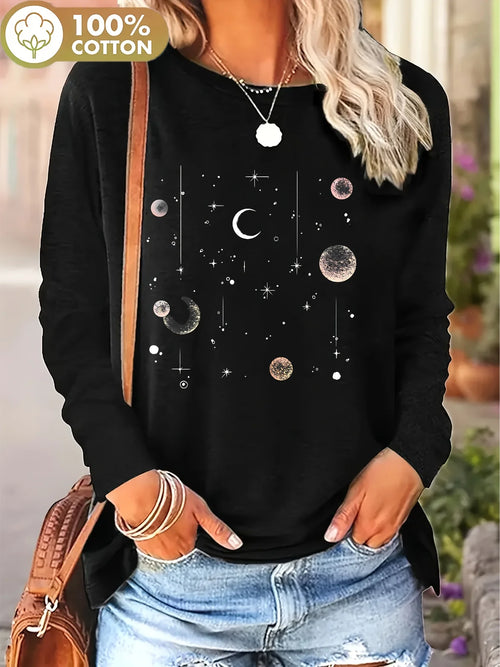 Camiseta informal de algodón de manga larga con estampado de Luna y estrellas, Top de cuello redondo para estilo callejero, camiseta estética de gran tamaño