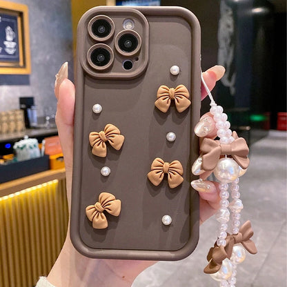 Funda de teléfono de silicona con lazo 3D coreano para iPhone 16 17 Pro 15 14 13 12 11 Pro Max 16E 7 8 Plus con funda suave con cordón