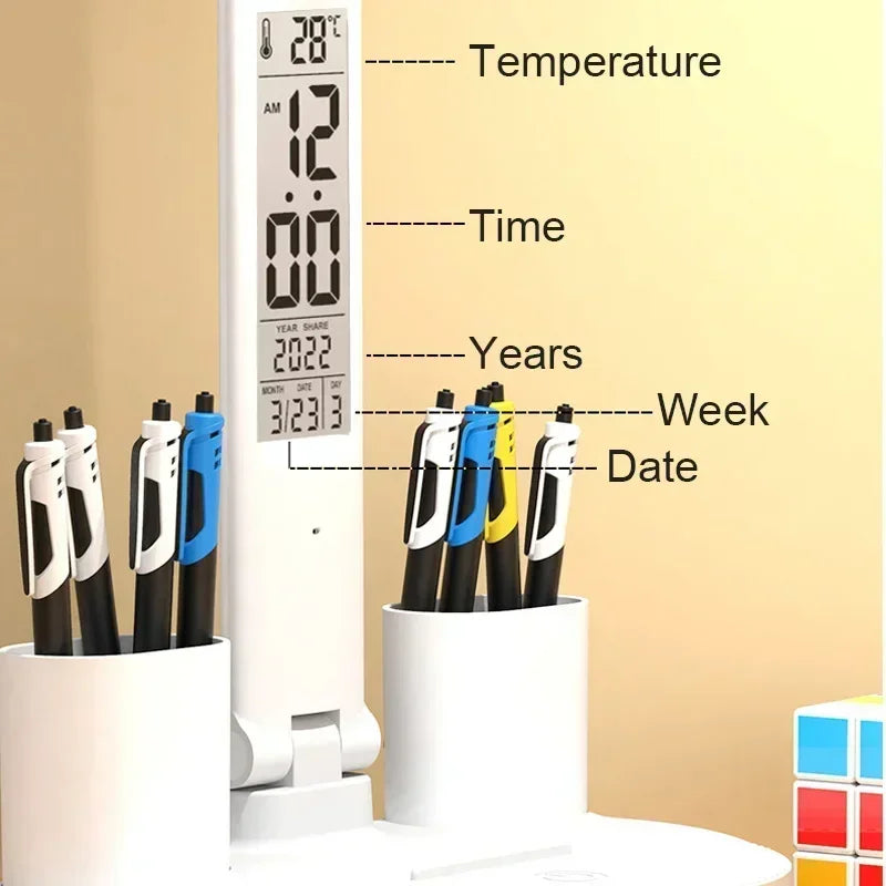 Lámpara de escritorio LED, lámpara de mesa plegable táctil regulable por USB con calendario, reloj de temperatura, luz nocturna para estudio, lámpara de lectura