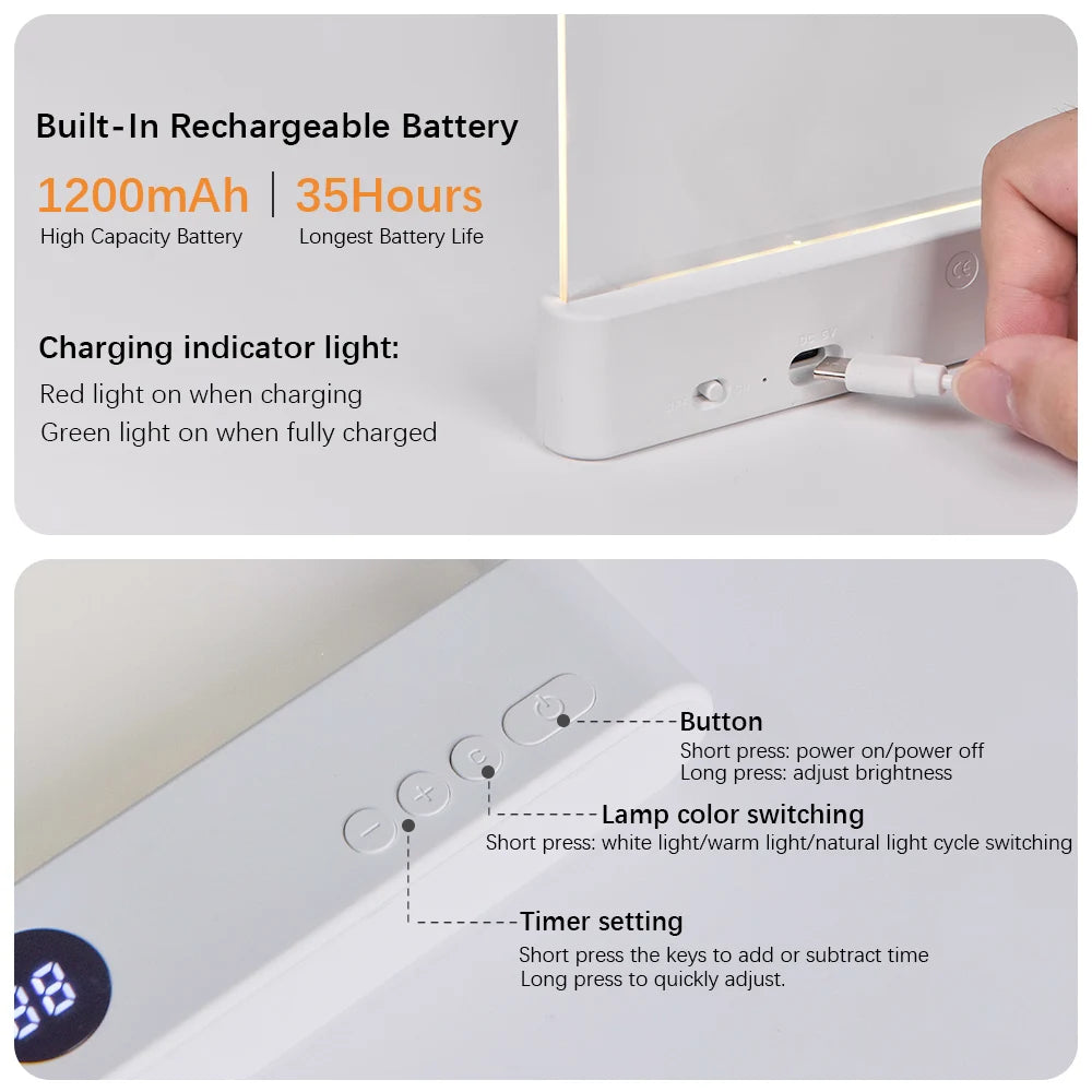 Luz LED para libros y luz nocturna 2 en 1, 3 temperaturas de color y atenuación continua, luz de lectura recargable por USB con temporizador para Ni