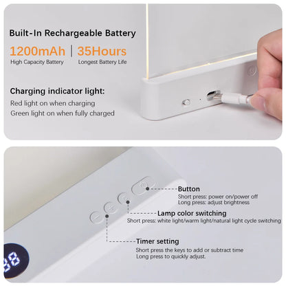 Luz LED para libros y luz nocturna 2 en 1, 3 temperaturas de color y atenuación continua, luz de lectura recargable por USB con temporizador para Ni