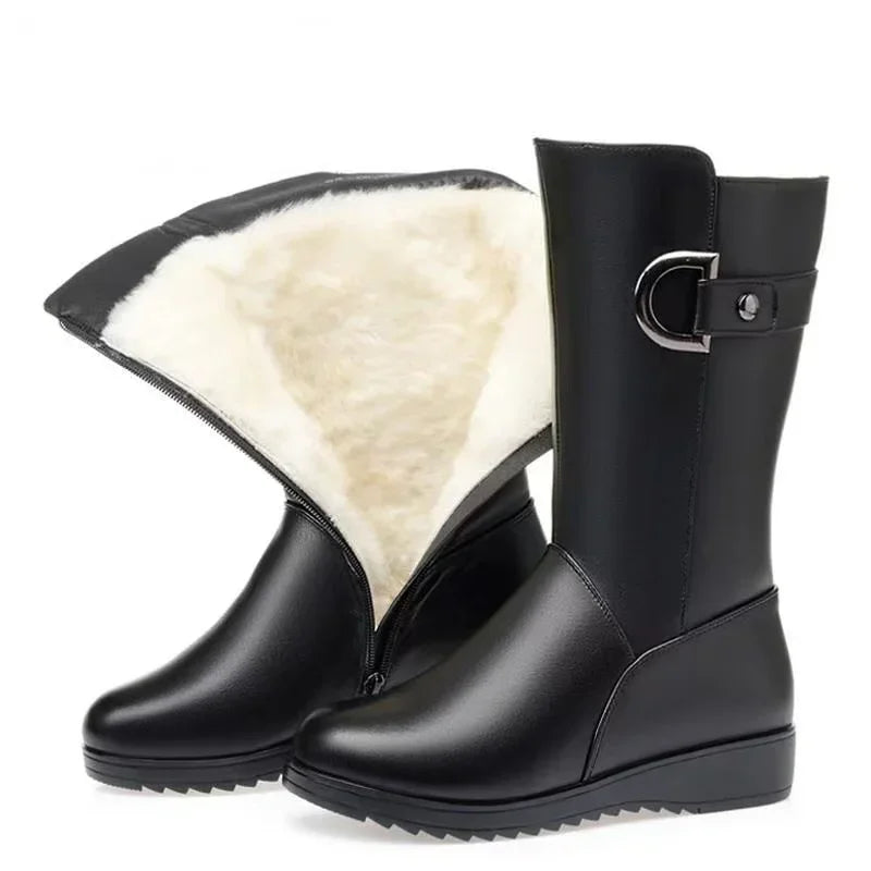 Botas de invierno para Mujer, Botas de nieve cálidas de felpa, Botas de tacón alto a media pantorrilla a la moda para Mujer, Botas de cuero de alta calidad para Mujer