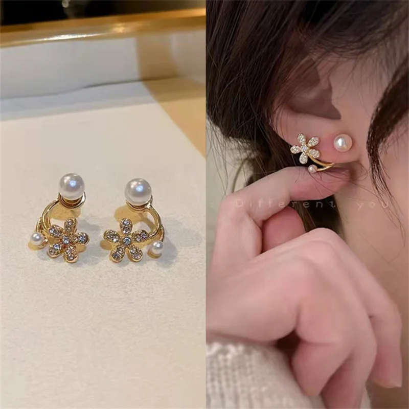 Pendientes coreanos de Metal en forma de corazón, pendientes colgantes en la espalda con perlas de cola de pez para mujeres y niñas, regalo de joyería elegante de cristal 2024