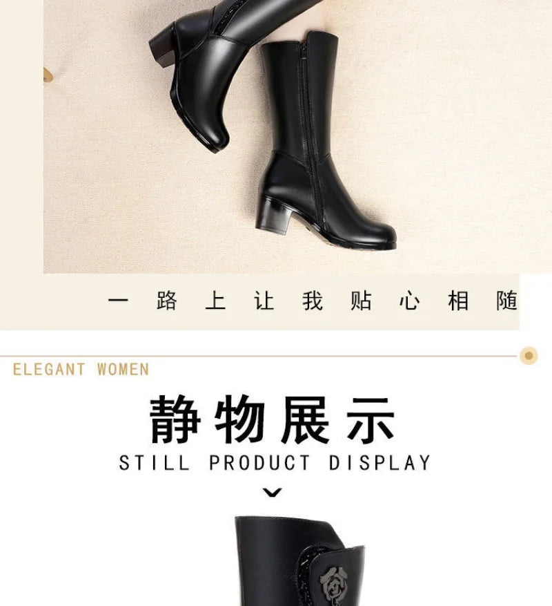 Botas de invierno para Mujer, Botas de nieve cálidas de felpa, Botas de tacón alto a media pantorrilla a la moda para Mujer, Botas de cuero de alta calidad para Mujer