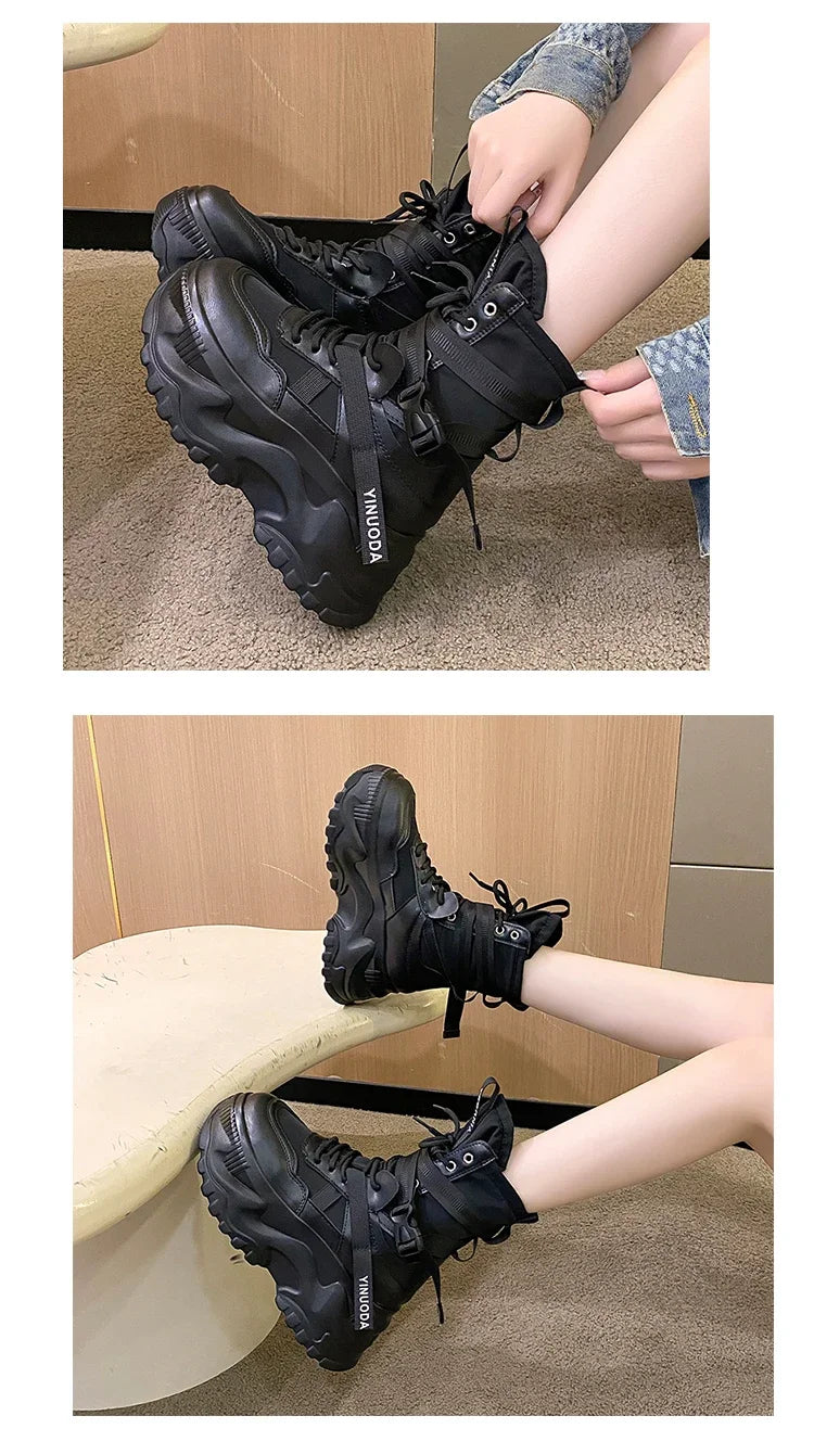 Botas De moto con plataforma gruesa para Mujer, zapatos blancos con cordones y parte inferior gruesa, botines De Mujer para Otoño e Invierno