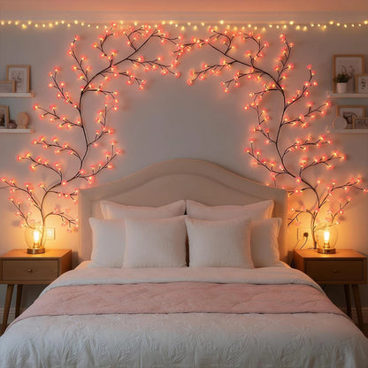 Luces LED de rama montadas en la pared USB, luces de vid de flor de cerezo, 72 LED, 8 modos para decoración navideña interior, paredes, puertas y ventanas