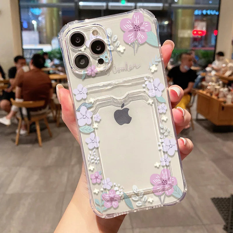 Soft Card Holder Phone Case for iPhone 13, 11, 16e, 15, 12, 14, 17, 16 Pro Max, 7 Plus, XR SE, Clear Aesthetic Flower Cover