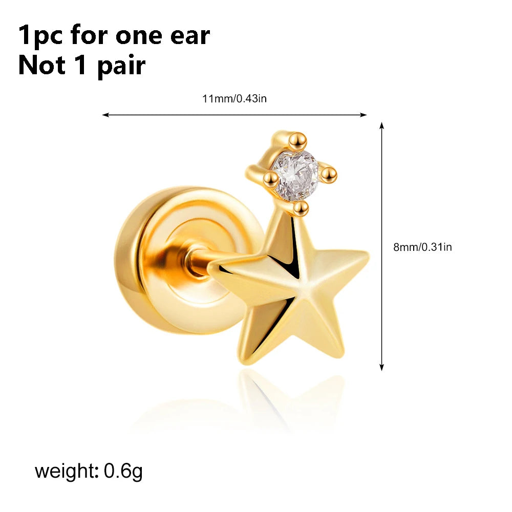 Pendientes de acero inoxidable con forma de estrella, Luna y sol para mujer, uso diario Simple, Piercing para cartílago, joyería Punk Unisex Rock, 1 ud.