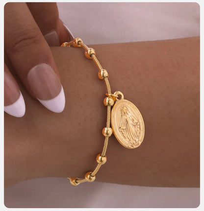Vnox-pulsera de Rosario para mujer y niña, brazalete de oración de la Virgen María, Cruz religiosa de acero inoxidable chapada en oro, regalos