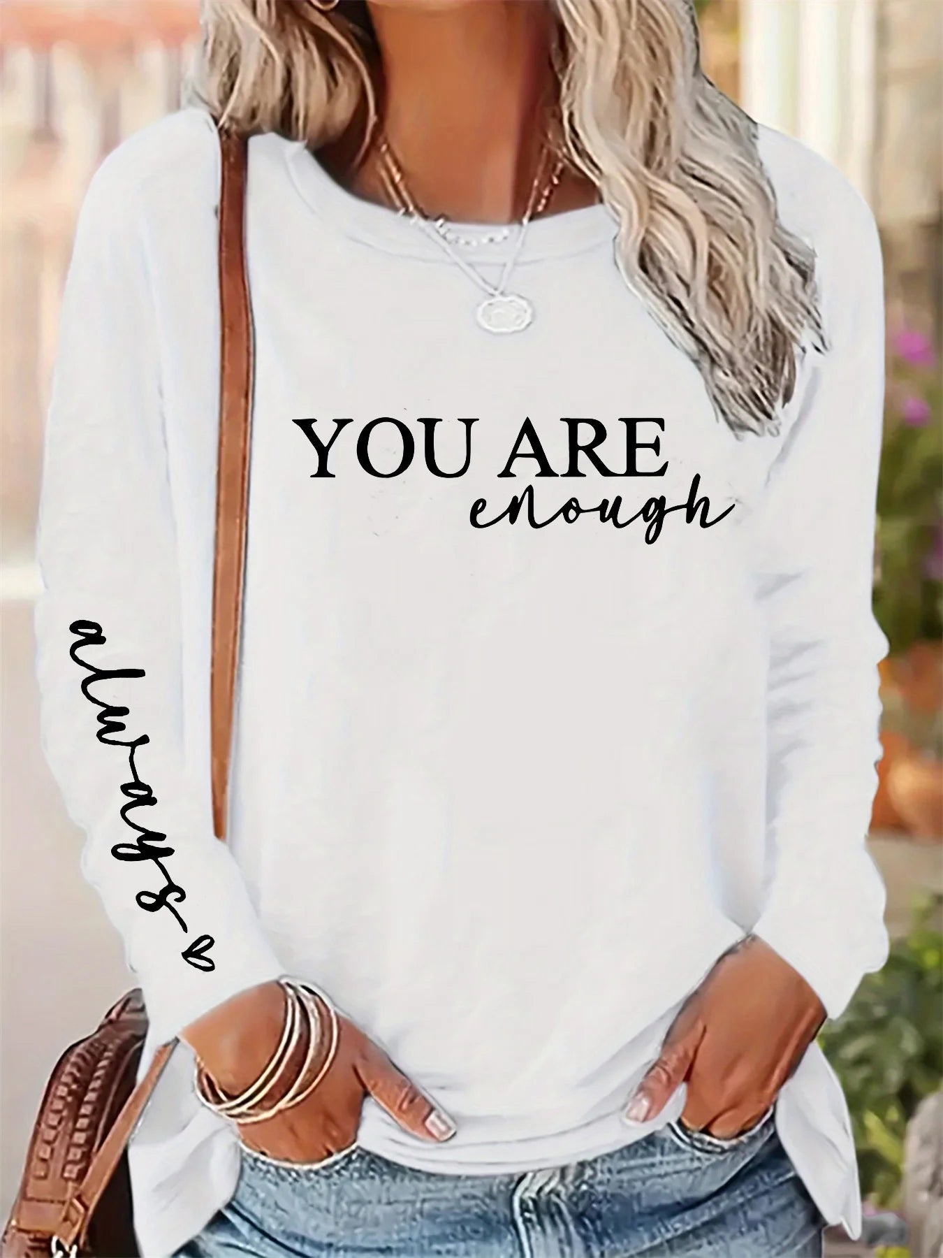 Camiseta holgada informal de algodón 100% para primavera y otoño para mujer, camiseta de manga larga con cuello redondo y estampado.