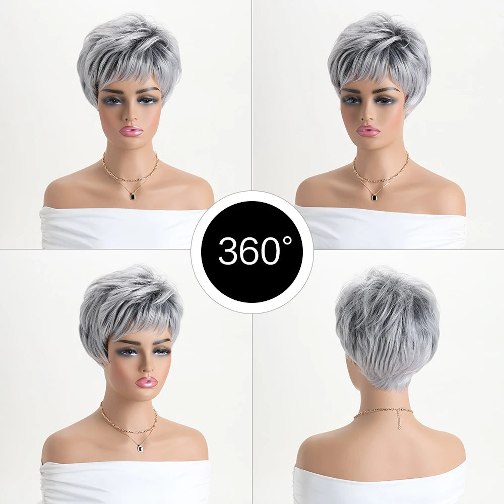 Pelucas naturales cortas con flequillo, pelo suave para mamá, uso diario, pelo sintético rizado corto gris ombré, peluca de fiesta para disfraz para mujer