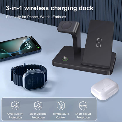 Cargador inalámbrico 3 en 1 para iPhone 16, 15, 14, 13, 12 Pro Max, estación de carga rápida para iWatch 10, 9, 8, Airpods 3, soporte de inducción