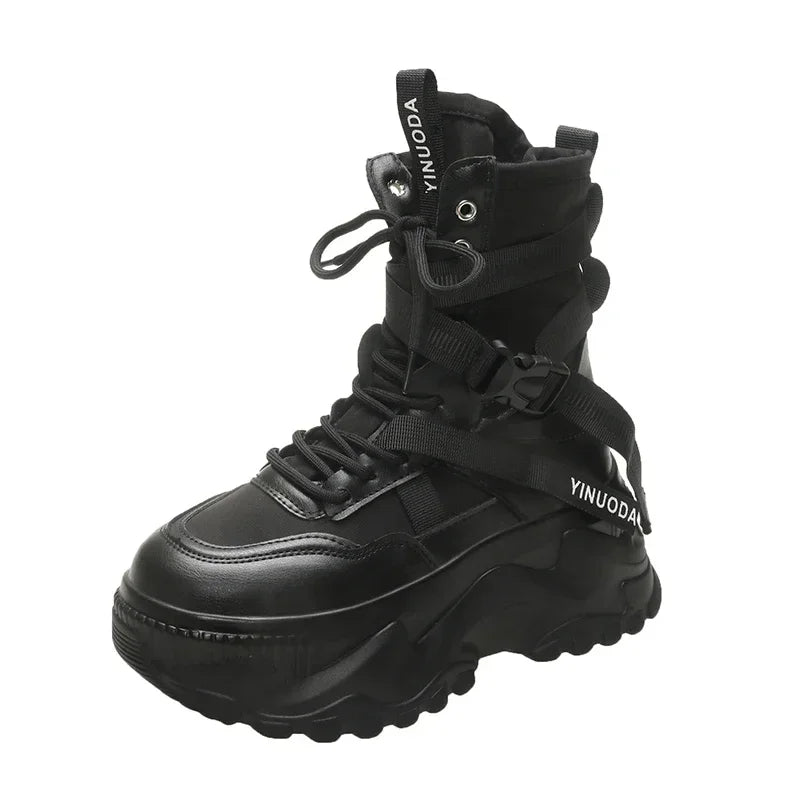 Botas De moto con plataforma gruesa para Mujer, zapatos blancos con cordones y parte inferior gruesa, botines De Mujer para Otoño e Invierno
