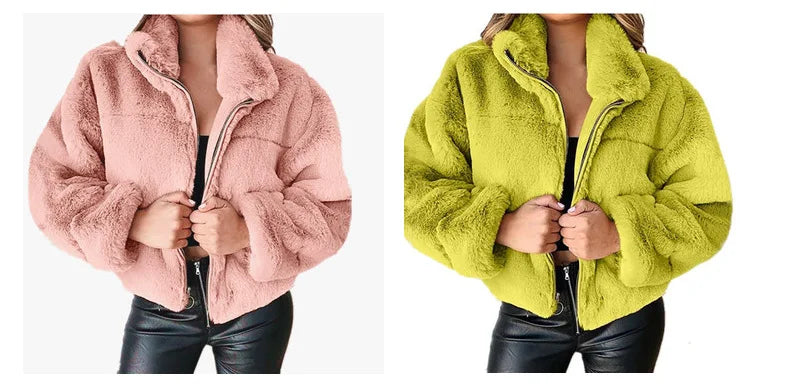 Chaqueta cálida de invierno para mujer, cárdigan con cremallera, piel sintética, moda, manga larga, cuello levantado, abrigo de felpa para mujer