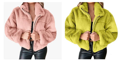 Chaqueta cálida de invierno para mujer, cárdigan con cremallera, piel sintética, moda, manga larga, cuello levantado, abrigo de felpa para mujer