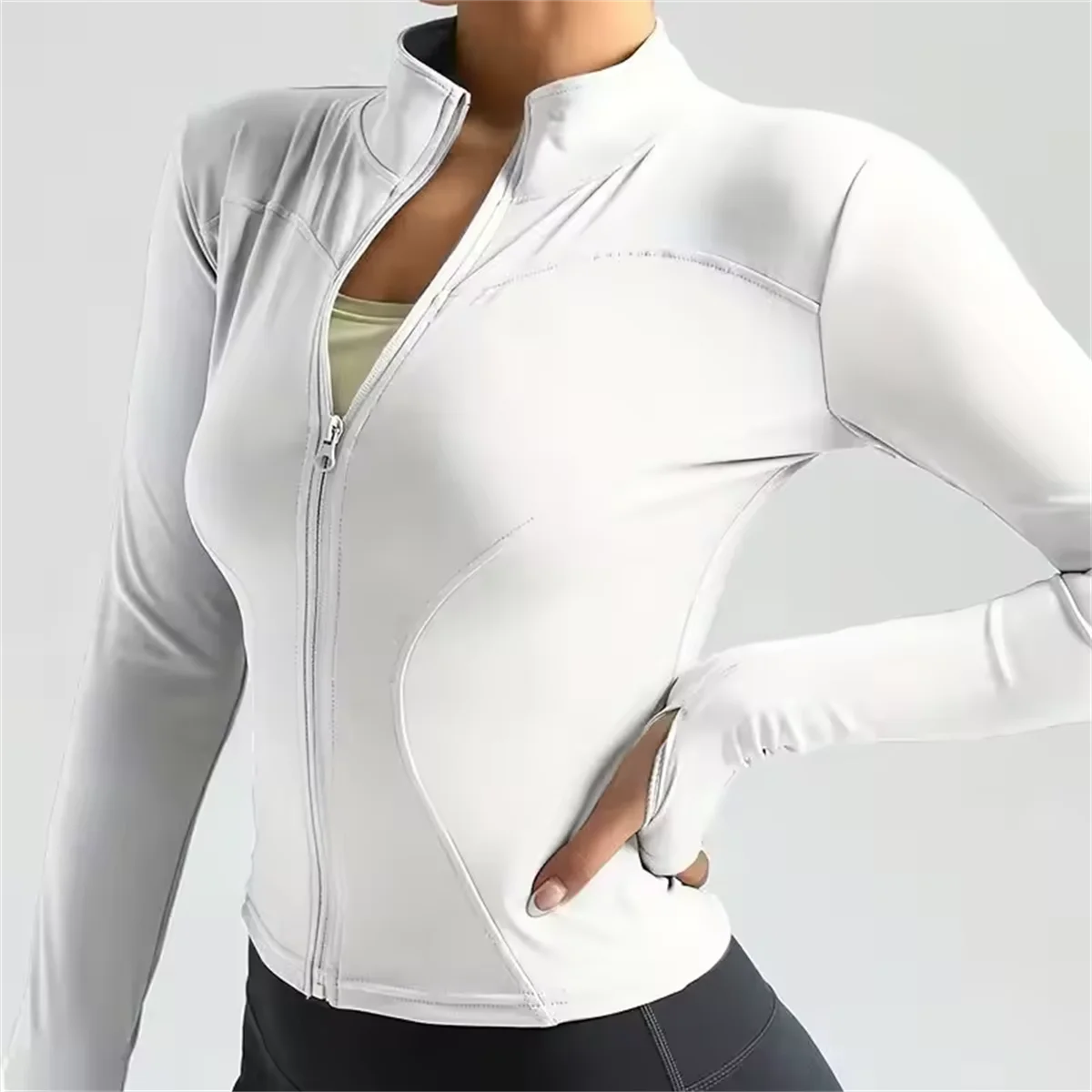 Chaqueta deportiva con cremallera para mujer, Top ajustado de manga larga para correr y Fitness, abrigo liso de secado rápido para Yoga, ropa informal sencilla