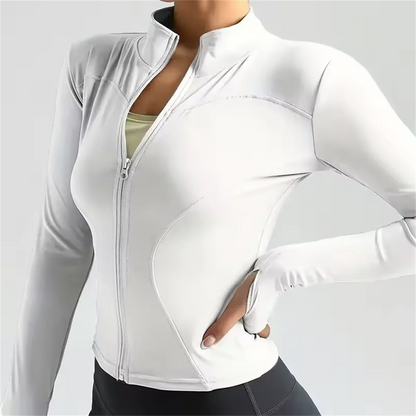 Chaqueta deportiva con cremallera para mujer, Top ajustado de manga larga para correr y Fitness, abrigo liso de secado rápido para Yoga, ropa informal sencilla