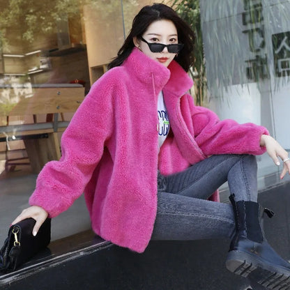 Abrigo cálido de lana Coral doble para mujer, abrigo grueso de felpa con cuello levantado, ropa informal de manga larga con cremallera a la moda para mujer